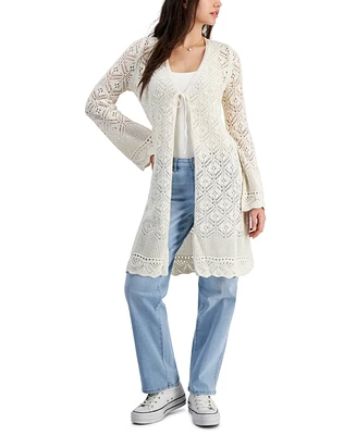 Hooked Up by Iot Juniors' Diamond Stitch Long-Sleeve Duster
