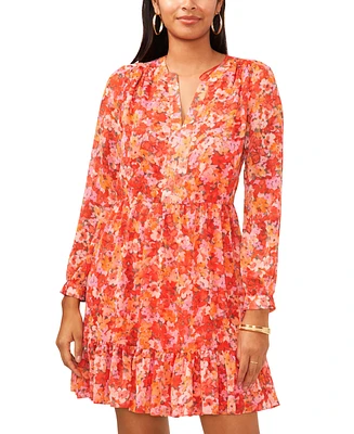 Vince Camuto Women's Floral Printed Long Sleeve Split Neck Tiered Baby Doll Dress