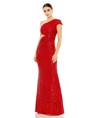 Women's Ieena Sequined One Shoulder Cap Sleeve Cut Out Gown