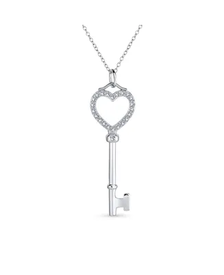 Pave Cubic Zirconia Cz Open Heart Key Pendant Necklace For Women For Girlfriend .925 Sterling Silver