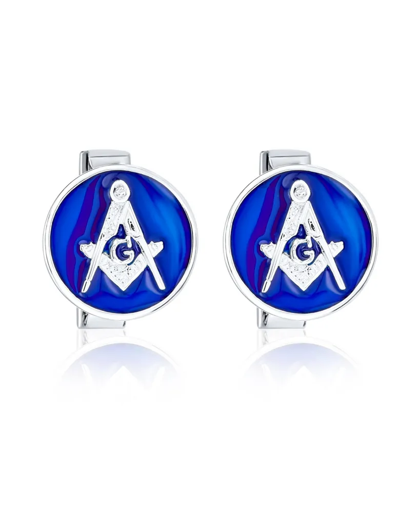 Bling Jewelry Round Circle Disc Freemasons Compass Symbol Masonic Cufflinks Royal Blue Enamel Two Tone Sterling Silver Hinge Bullet Back