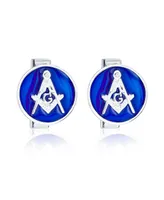 Bling Jewelry Round Circle Disc Freemasons Compass Symbol Masonic Cufflinks Royal Blue Enamel Two Tone Sterling Silver Hinge Bullet Back