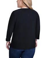 Ny Collection Plus 3/4 Sleeve Piped Top