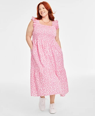 On 34th Trendy Plus Cheerful Flower-Print Cotton Smocked Midi Dress, Created for Macy's