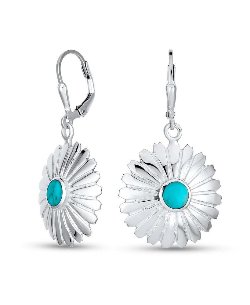 Bling Jewelry Native American South Western Concho Carved Petal Flower Blossom Blue Natural Turquoise Lever Back Dangle Earrings Women Sterling Silver