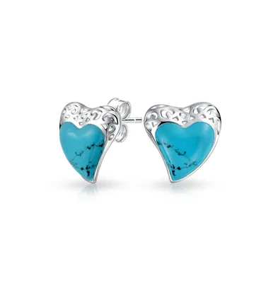 Bali Style Filigree Stabilized Turquoise Heart Shaped Stud Earrings For Women For Girlfriend .925 Sterling Silver