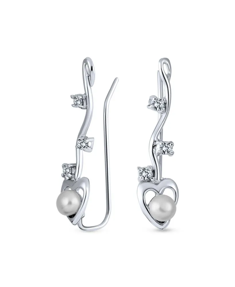 Heart White Freshwater Cultured Pearl Wire Ear Pin Climbers Earrings For Women Round Crawlers .925 Sterling Silver