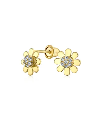 Tiny Petite Cz Cubic Zirconia Accent Dainty Real 14K Yellow Gold Sunflower Daisy Flower Stud Earrings For Women Teen Secure Clutch Screw back
