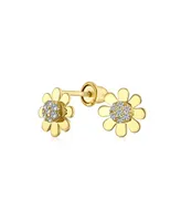 Bling Jewelry Tiny Petite Cz Cubic Zirconia Accent Dainty14K Yellow Gold Sunflower Daisy Flower Stud Earrings For Women Secure Clutch Screw back