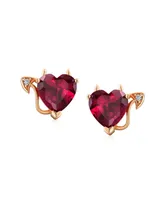 Bling Jewelry Promise Valentine Red Cz Devil Heart Shape Cubic Zirconia Stud Earrings For Women Rose Gold Plated Sterling Silver