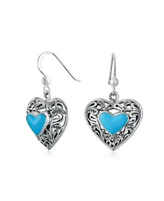 Boho Bali Style Scroll Filigree Blue Turquoise Gemstone Heart Shaped Dangling Earrings For Women Oxidized .925 Sterling Silver Fish Hook