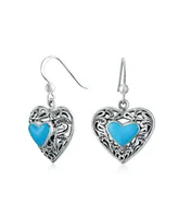 Bling Jewelry Boho Bali Style Scroll Filigree Blue Natural Turquoise Heart Shaped Dangling Earrings For Women Oxidized Sterling Silver Fish Hook