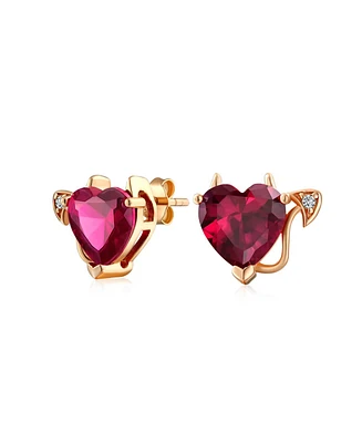 Bling Jewelry Promise Valentine Red Cz Devil Heart Shape Cubic Zirconia Stud Earrings Rose Gold Plated Sterling Silver