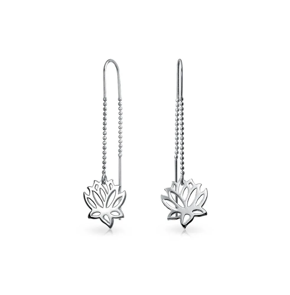 Long Linear Lightweight Zen Yogi Lotus Flower Chain Threader Earrings For Women For Teen .925 Sterling Silver Stabilizing U Hook