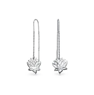 Long Linear Lightweight Zen Yogi Lotus Flower Chain Threader Earrings For Women For Teen .925 Sterling Silver Stabilizing U Hook