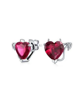 Bling Jewelry Promise Valentine Red Cz Devil Heart Shape Cubic Zirconia Stud Earrings For Women Sterling Silver