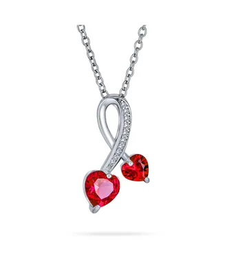 Romantic Promise Pave Accented Criss Crossing Twisting Two Ruby Red Aaa Cz Hearts Necklace Pendant For Women Teens .925 Sterling Silver