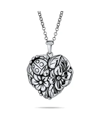 Bling Jewelry Carved Leaves Garden Lady Bug Flowers Heart Shape Locket That Hold Photo Pictures Oxidized Sterling Silver Locket Necklace Pendant Custo