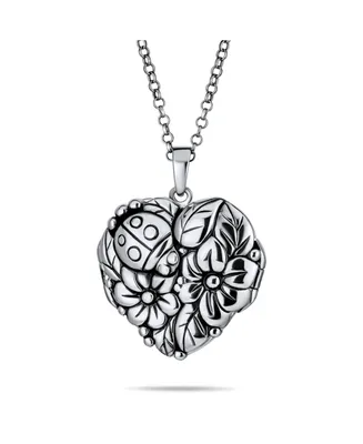 Bling Jewelry Carved Leaves Garden Lady Bug Flowers Heart Shape Locket That Hold Photo Pictures Oxidized Sterling Silver Locket Necklace Pendant