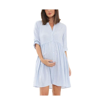 Ripe Maternity Sam Stripe Button Through Dress Sky Blue/White
