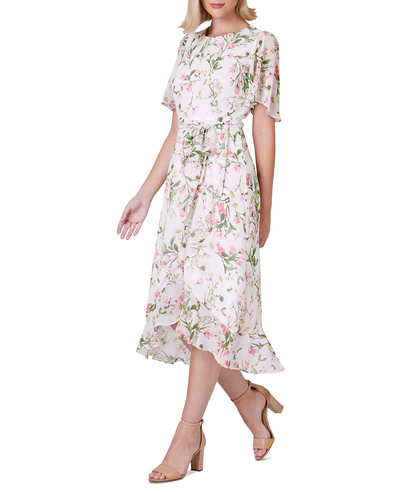 Jessica Howard Women's Printed Flutter-Sleeve Faux-Wrap Dress
