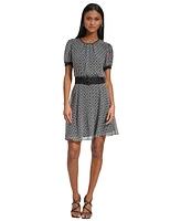 Karl Lagerfeld Paris Women's Logo Print Chiffon Belted A-Line Dress