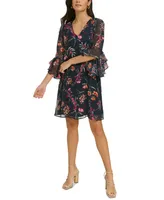 Calvin Klein Women's Printed Chiffon Bell-Sleeve Dress