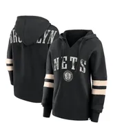 Women's Fanatics Black Distressed Brooklyn Nets Bold Move Dolman V-Neck Pullover Hoodie