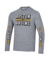 Men's Champion Heather Gray Distressed Boston Bruins Tri-Blend Dual-Stripe Long Sleeve T-shirt