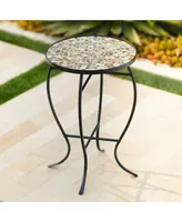 Mother of Pearl Modern Black Metal Round Outdoor Accent Side Table 14" Wide Natural Mosaic Tile Tabletop Gracefully Curved Legs for Spaces Porch Patio