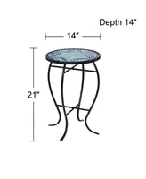 Ocean Wave Modern Industrial Black Iron Metal Round Outdoor Accent Side Table 14" Wide Light Green Mosaic Tile Tabletop Gracefully Curved Legs for Por