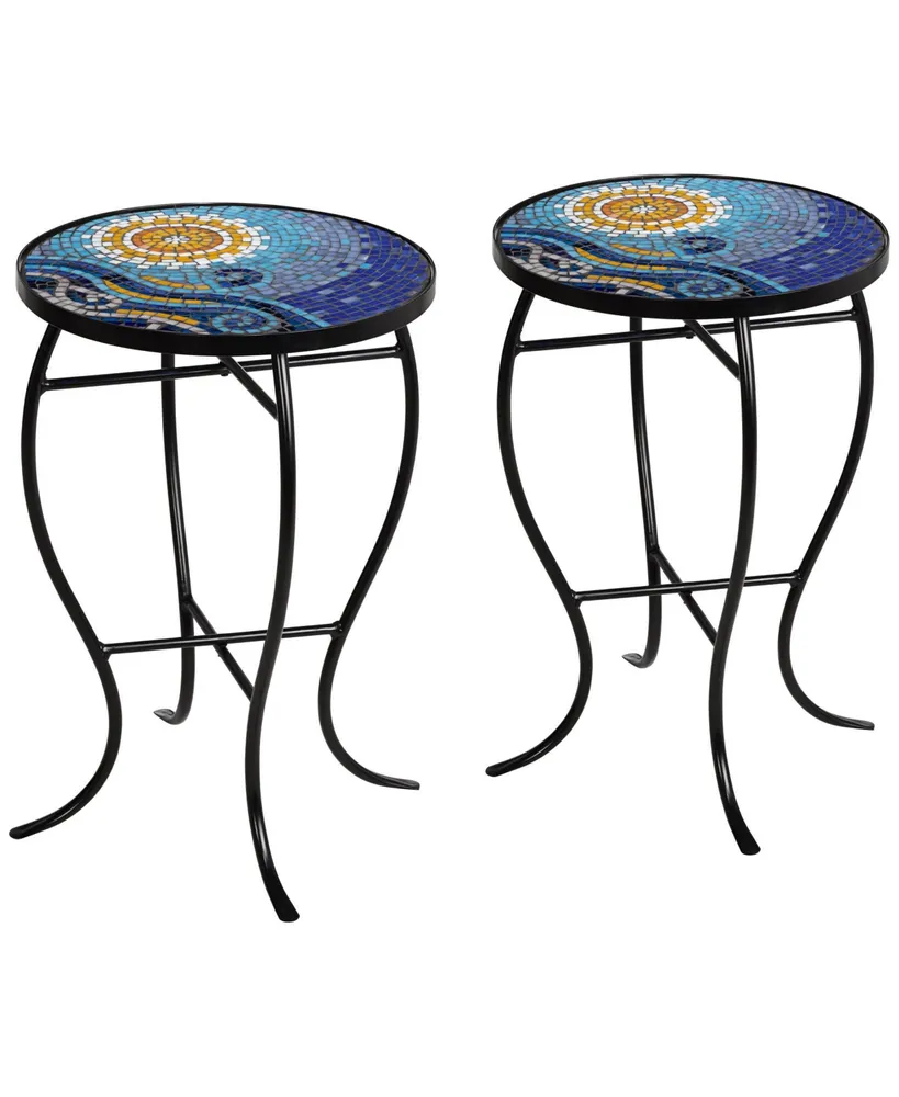 Ocean Scene Modern Black Metal Round Outdoor Accent Side Tables 14" Wide Set of 2 Set of 2 Blue Mosaic Tile Tabletop Gracefully Curved Legs for Spaces