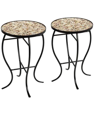 Mother of Pearl Modern Black Metal Round Outdoor Accent Side Tables 14" Wide Set of 2 Natural Mosaic Tile Tabletop Curved Legs for Spaces Porch Patio