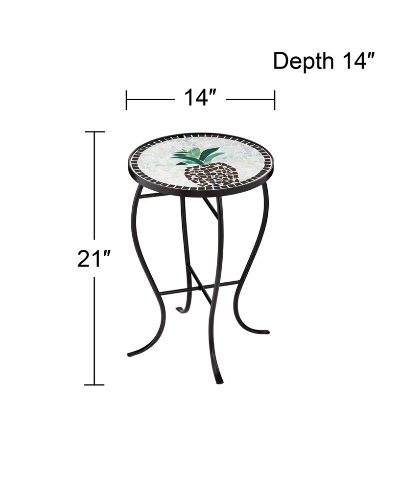 Beige Pineapple Modern Black Metal Round Outdoor Accent Side Table 14" Wide Black Glass Mosaic Tabletop Gracefully Curved Legs for Front Porch Patio H