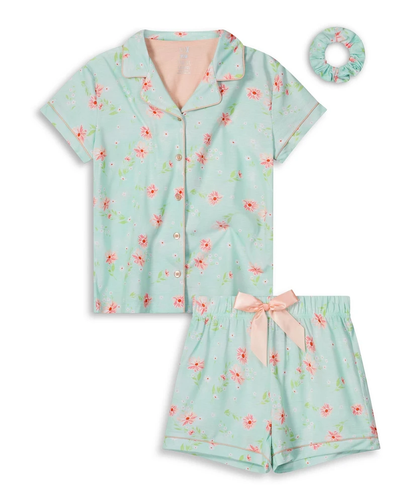 Max & Olivia Girls Soft Jersey Fabric Shorts Pajama Set with Scrunchie, 3 Piece