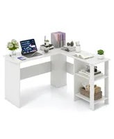 Large Modern L-shaped Computer Desk with 2 Cable Holes and 2 Storage Shelves-White