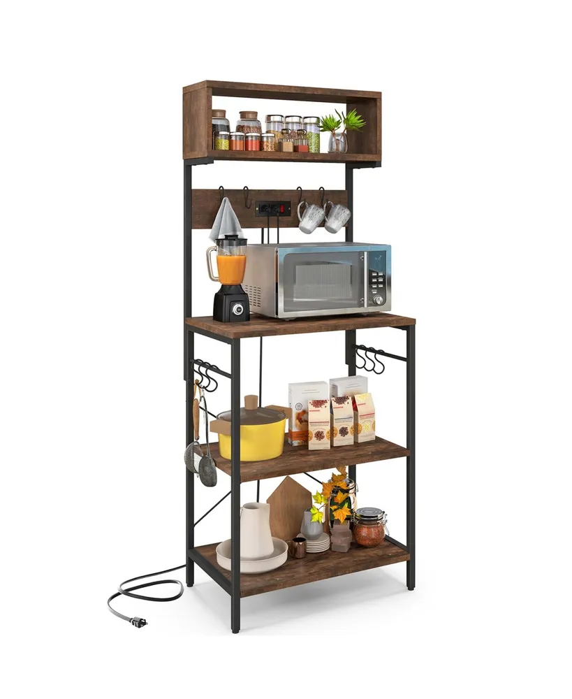 Kitchen Bakers Rack 60'' Microwave Stand with Power Outlet Open Shelves & Hooks