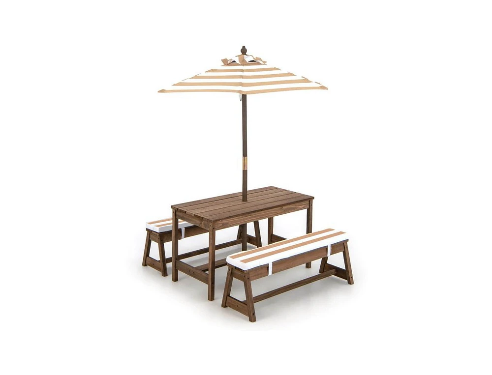 Kids Picnic Table and Bench Set with Cushions and Height Adjustable Umbrella