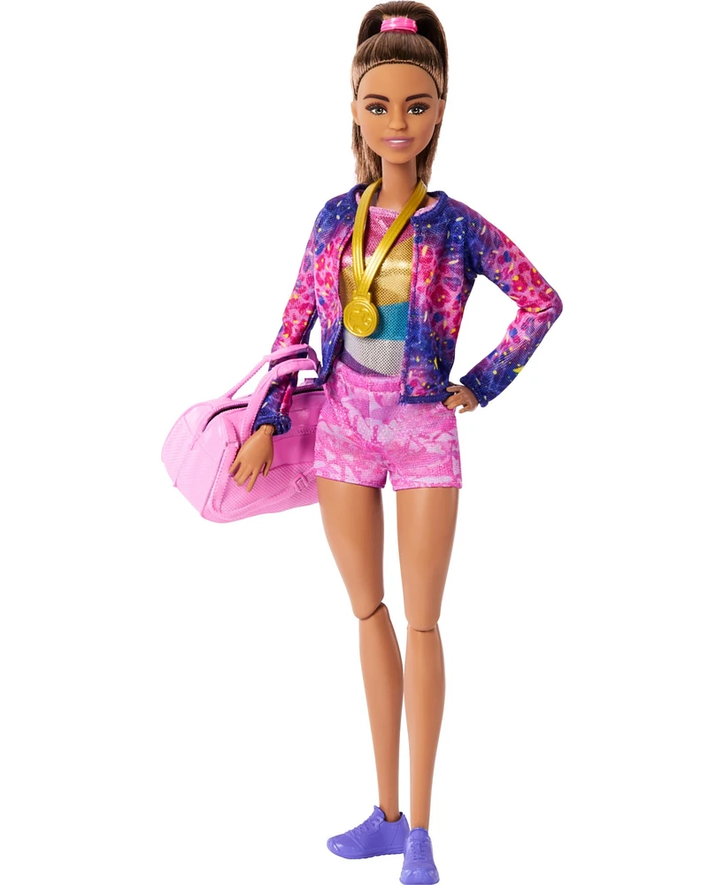 Barbie Gymnastics Play Set with Brunette Fashion Doll, Balance Beam, 10 Plus Accessories and Flip Feature