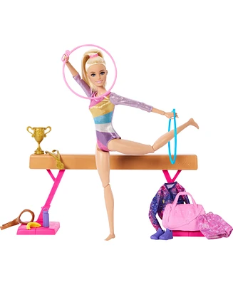 Barbie Gymnastics Play Set with Blonde Fashion Doll, Balance Beam, 10 Plus Accessories and Flip Feature