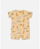 Baby Boy French Terry Romper Beige Printed Jungle Animal - Infant