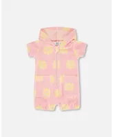 Baby Girl Terry Cloth Hooded Romper Pink Printed Daisies - Infant