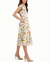 T Tahari Women's Floral Printed Linen-Blend Belted Fit & Flare Midi Dress