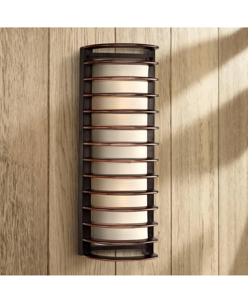 Modern Industrial Sconce Outdoor Wall Light Fixture Rubbed Bronze Grid 16 3/4" Frosted Glass Cylinder Exterior House Porch Patio Outside Deck Garage Y