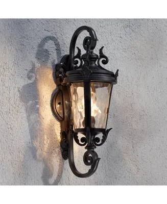 Marseille Traditional Outdoor Wall Light Fixture Black Steel Scroll 19" Clear Hammered Glass Down bridge Arm for Exterior House Porch Patio Outside De