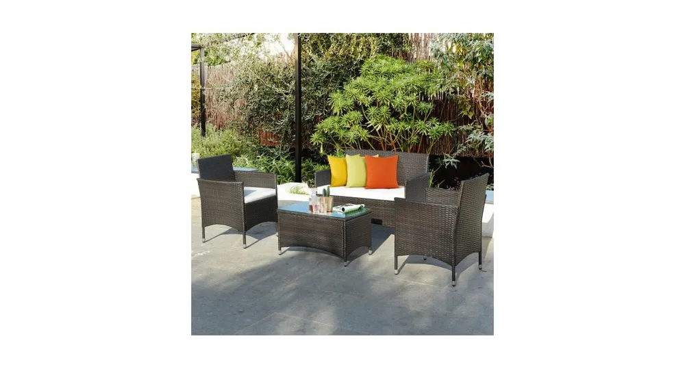 4 pcs Patio Garden Rattan Furniture Set Coffee Table Cushioned Sofa