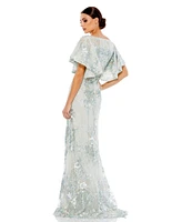 Women's Bell Sleeve Floral Embellished Gown