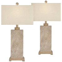 Caldwell Rustic Farmhouse Table Lamps 26 3/4" Tall Set of 2 Earth Tone Faux Wood Hammered Oatmeal Fabric Rectangular Shade for Bedroom Living Room Hou