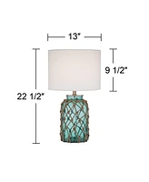 Crosby Country Cottage Nautical Accent Table Lamp 22.5" High Coastal Blue Green Glass Rope Net Off White Drum Shade for Living Room Bedroom Beach Hous
