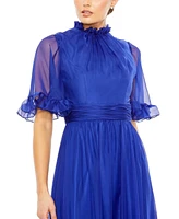 Women's Ruffled High Neck Flutter Sleeve Low Hem Gown